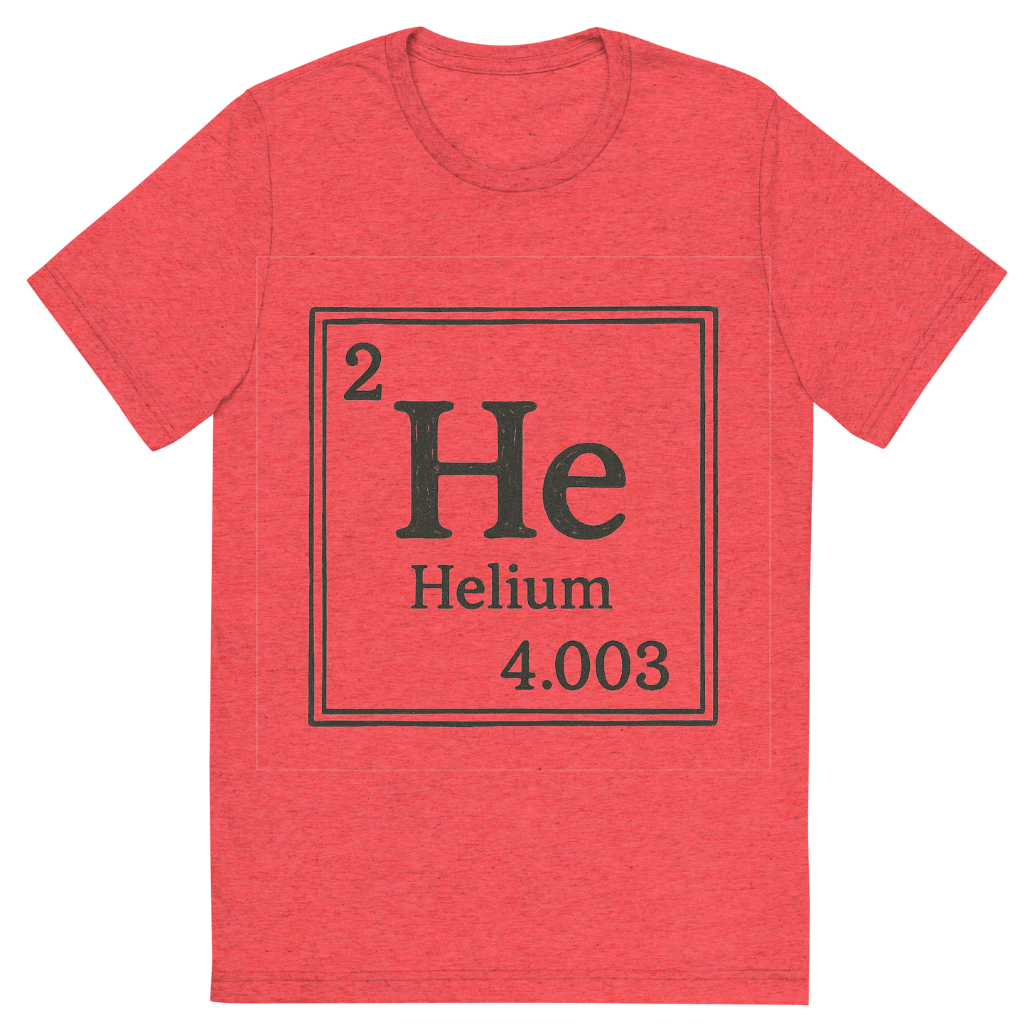 Front view of a Premium Tri-Blend Crew Neck T-Shirt in Red showing 'A line art, nostalgic graphic of helium's entry on the periodic table, use a dark color for the lines and text'