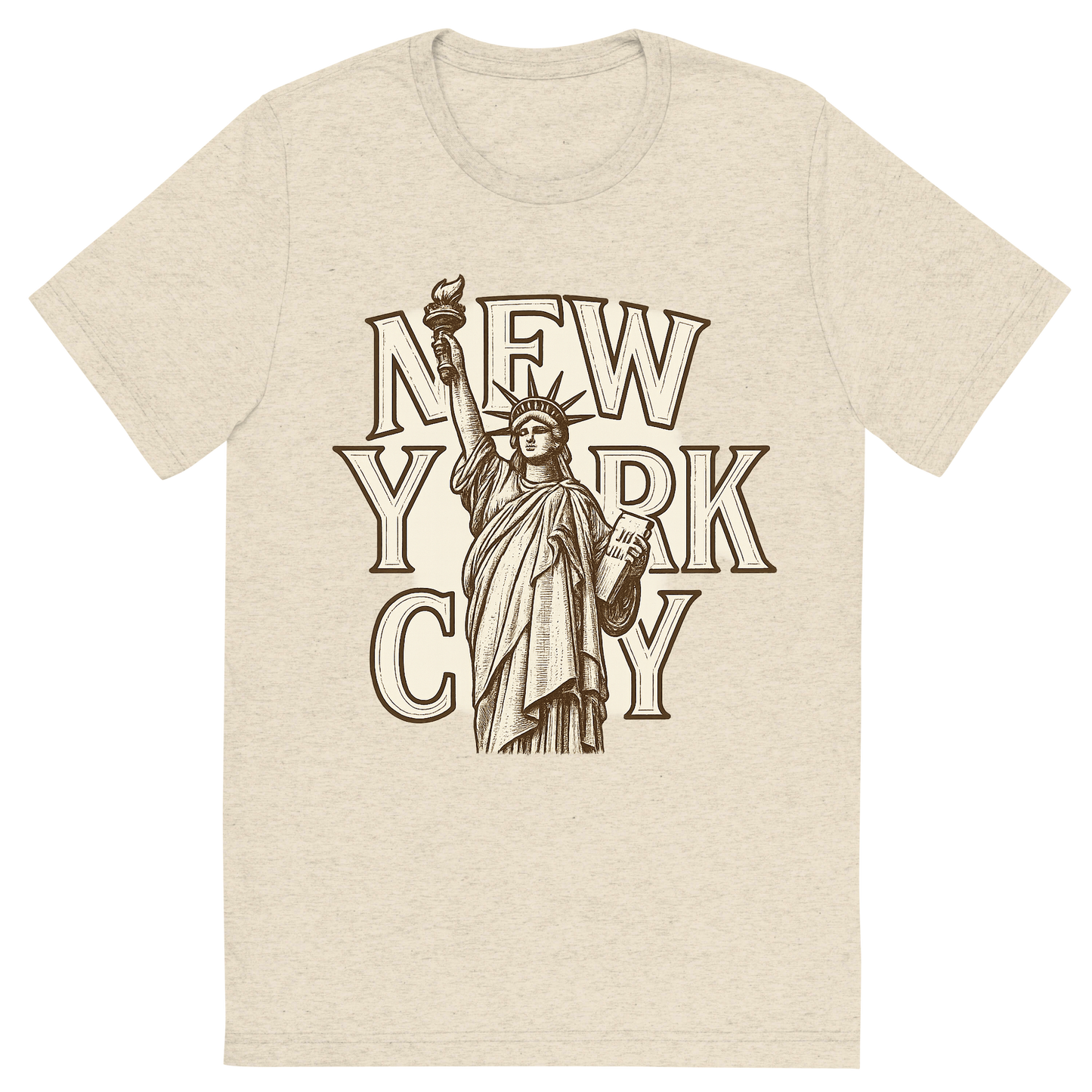 Front view of a Premium Tri-Blend Crew Neck T-Shirt in Oatmeal showing 'A typographic, nostalgic graphic of a typographic illustration of the words 'new york city' with a vintage line art drawing of the statue of liberty'