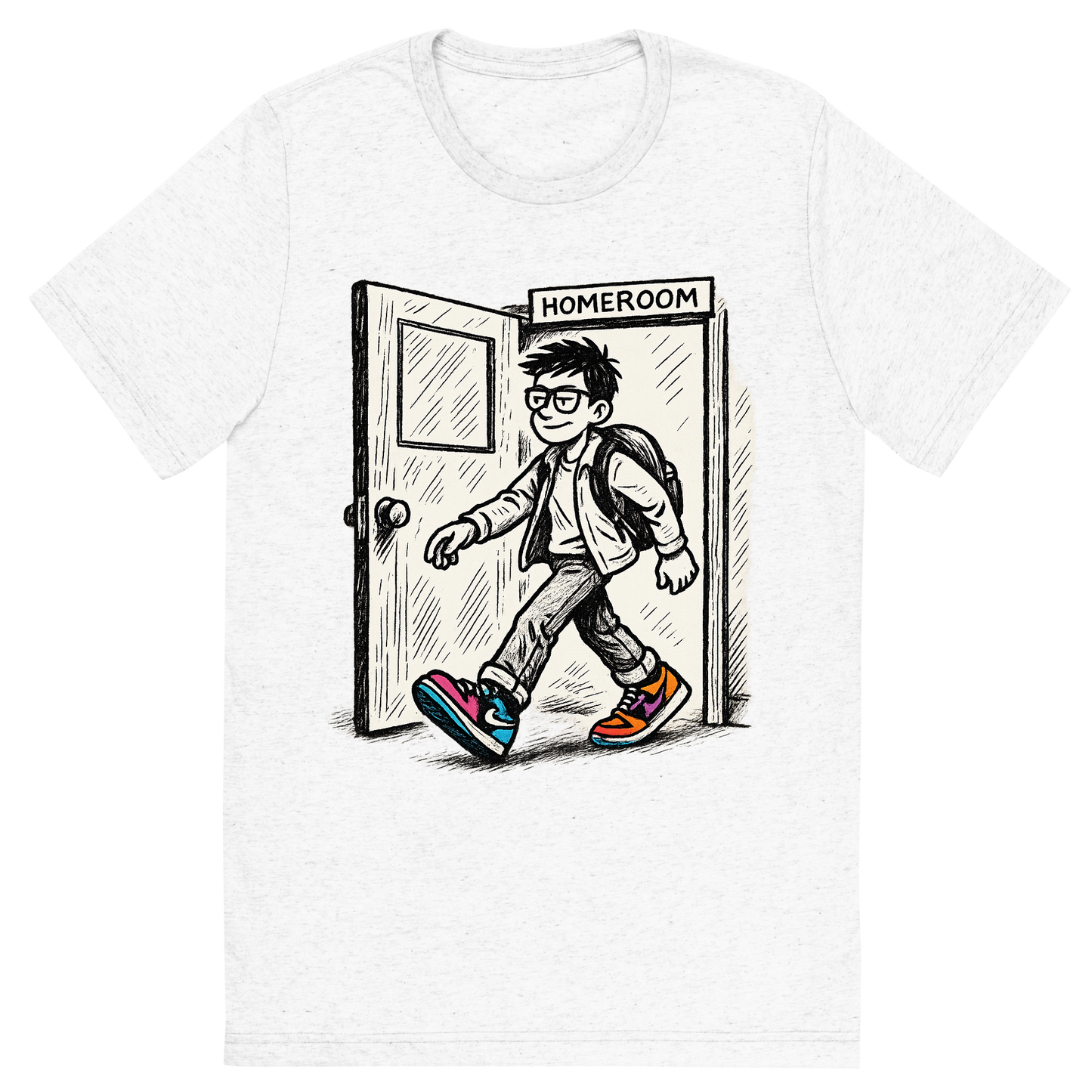 Front view of a Premium Tri-Blend Crew Neck T-Shirt in Solid White showing 'A hand-drawn ink with pop color, cool graphic of a parody ink design featuring a student walking out of a homeroom door with swagger, with bold text “straight outta homeroom” in hip-hop block style. centered composition, transparent background, pop color in the kicks. dtg optimized.'