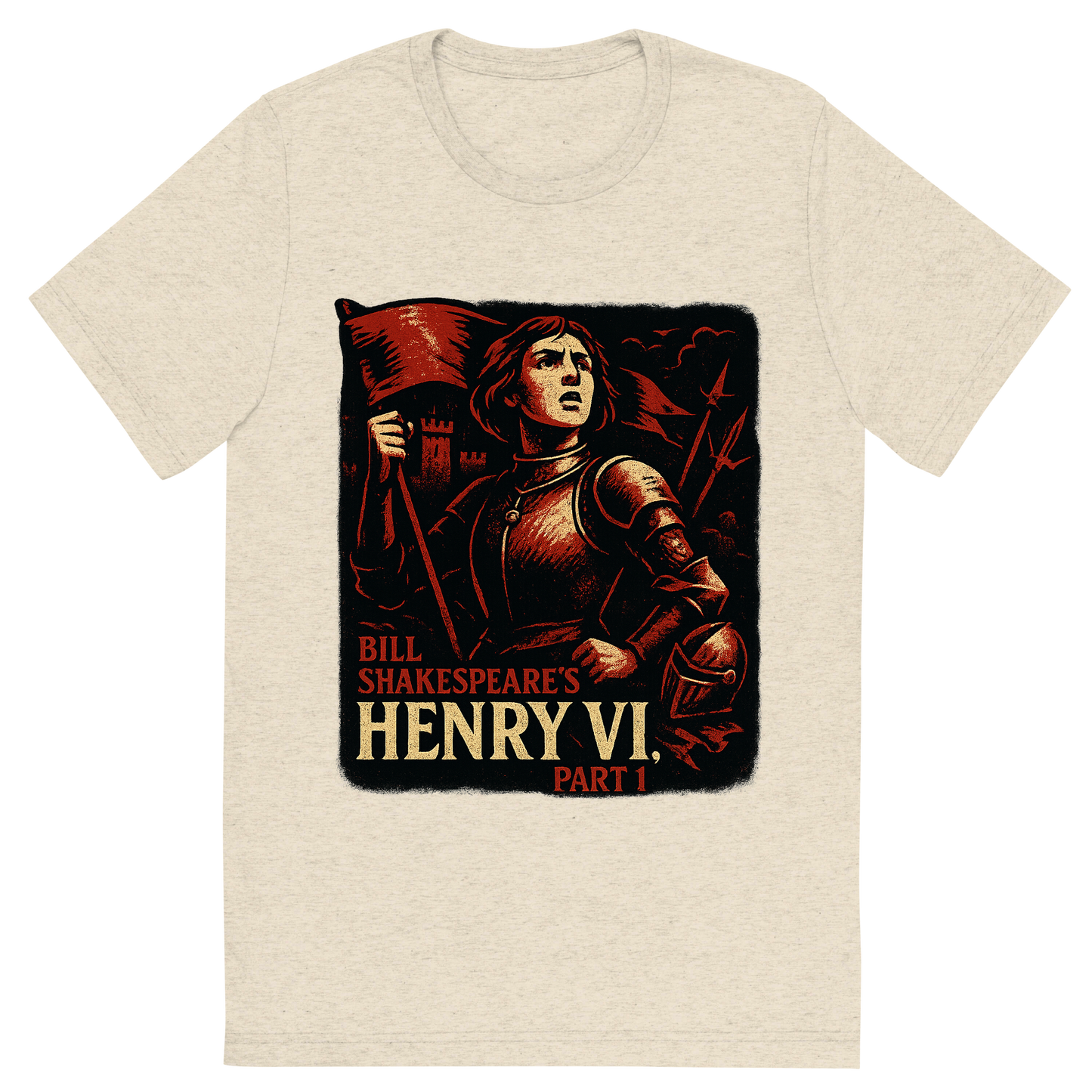 Front view of a Premium Tri-Blend Crew Neck T-Shirt in Oatmeal showing 'A retro, edgy graphic of a visual representation of a key theme and character from william shakespeare's henry vi, part 1'