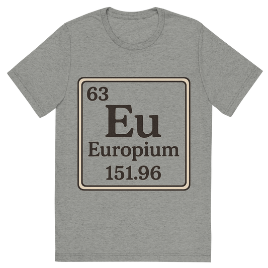 Front view of a Premium Tri-Blend Crew Neck T-Shirt in Athletic Grey showing 'A line art, nostalgic graphic of europium's entry on the periodic table, use a dark color for the lines and text'