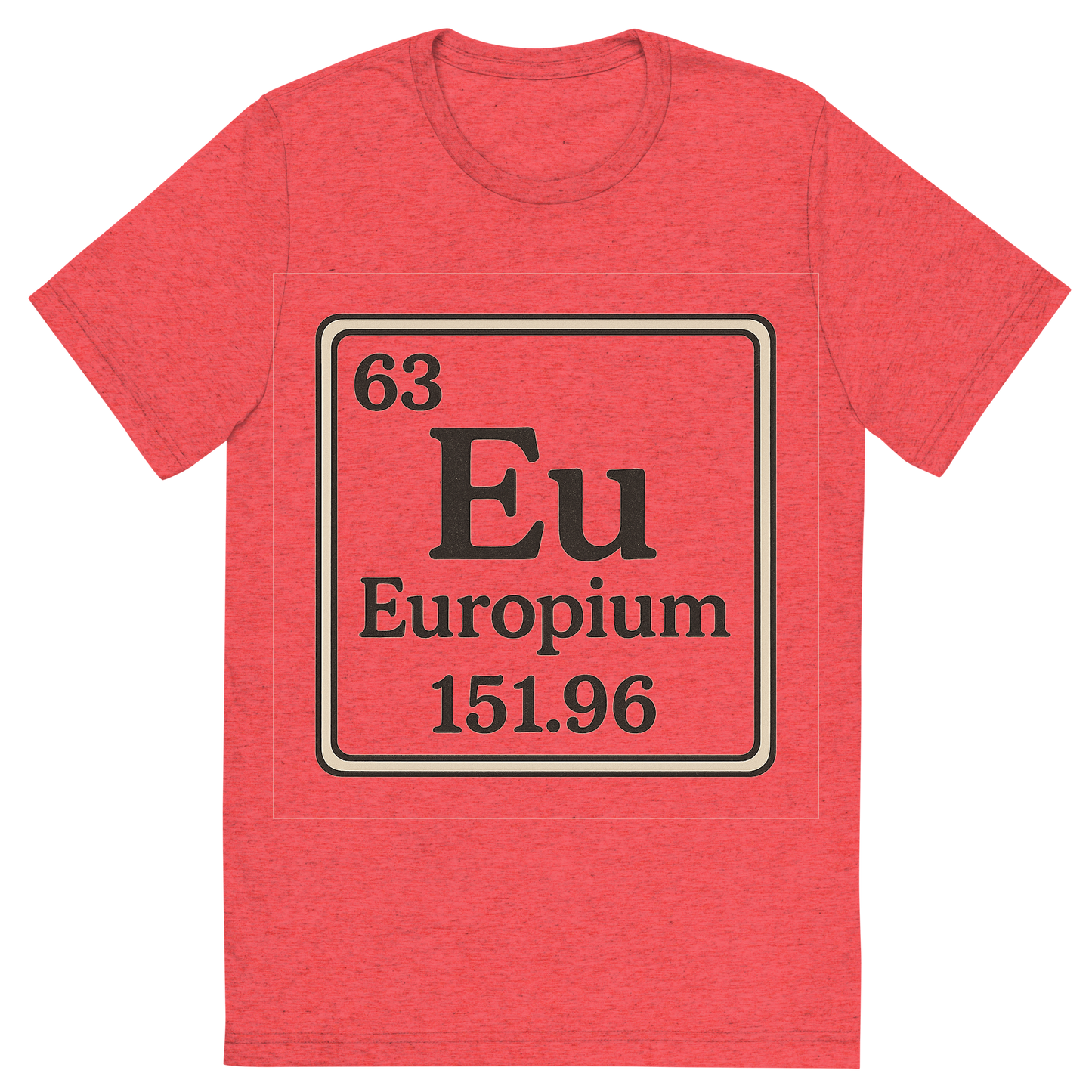 Front view of a Premium Tri-Blend Crew Neck T-Shirt in Red showing 'A line art, nostalgic graphic of europium's entry on the periodic table, use a dark color for the lines and text'