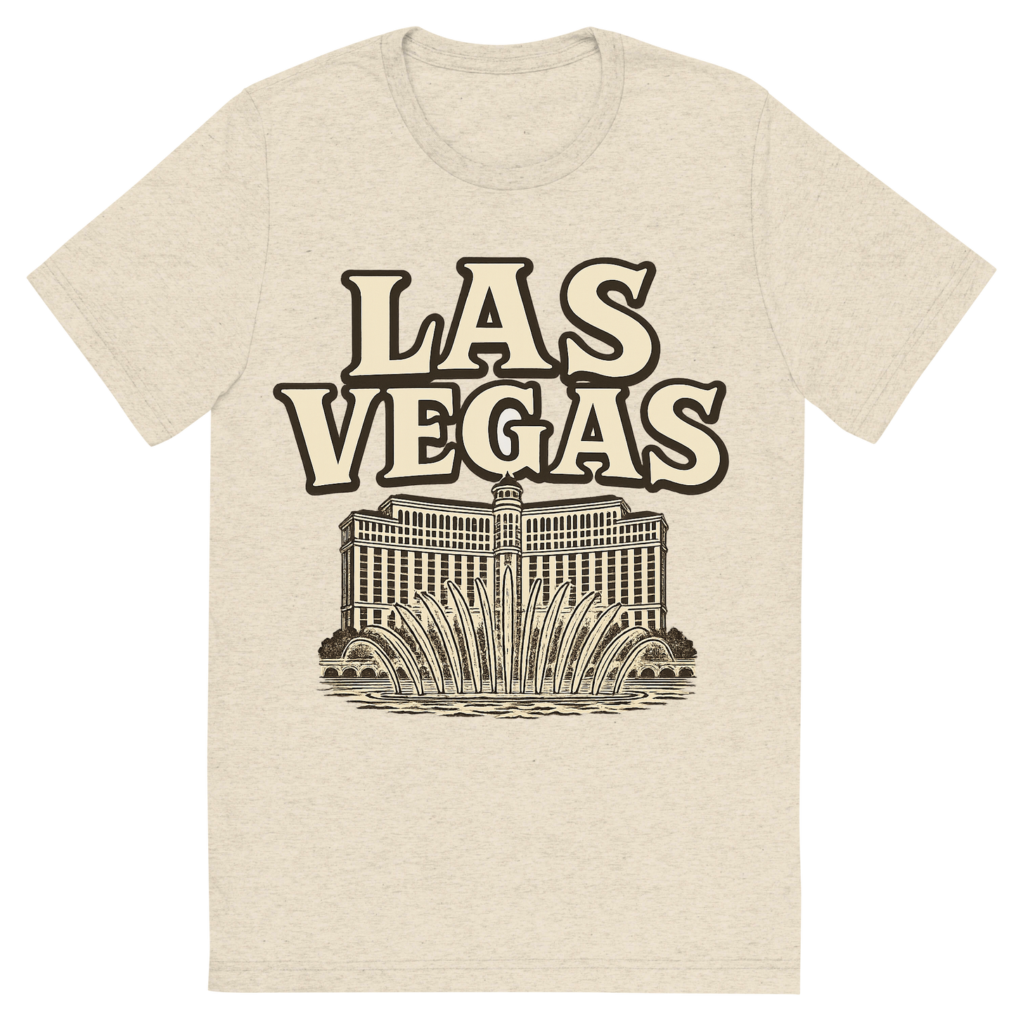 Front view of a Premium Tri-Blend Crew Neck T-Shirt in Oatmeal showing 'A typographic, nostalgic graphic of a typographic illustration of the words 'las vegas' with a vintage line art drawing of the bellagio fountains'