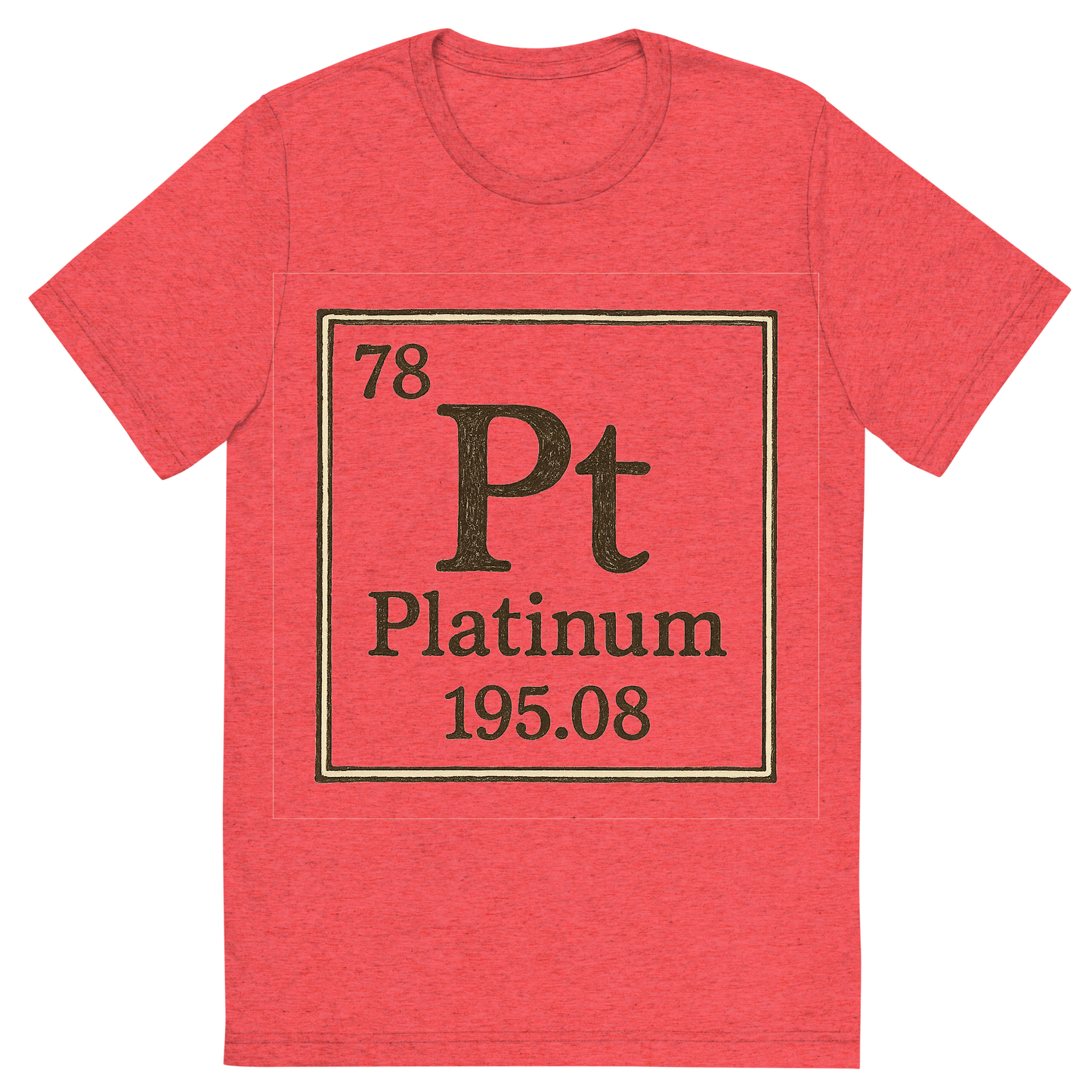 Front view of a Premium Tri-Blend Crew Neck T-Shirt in Red showing 'A line art, nostalgic graphic of platinum's entry on the periodic table, use a dark color for the lines and text'