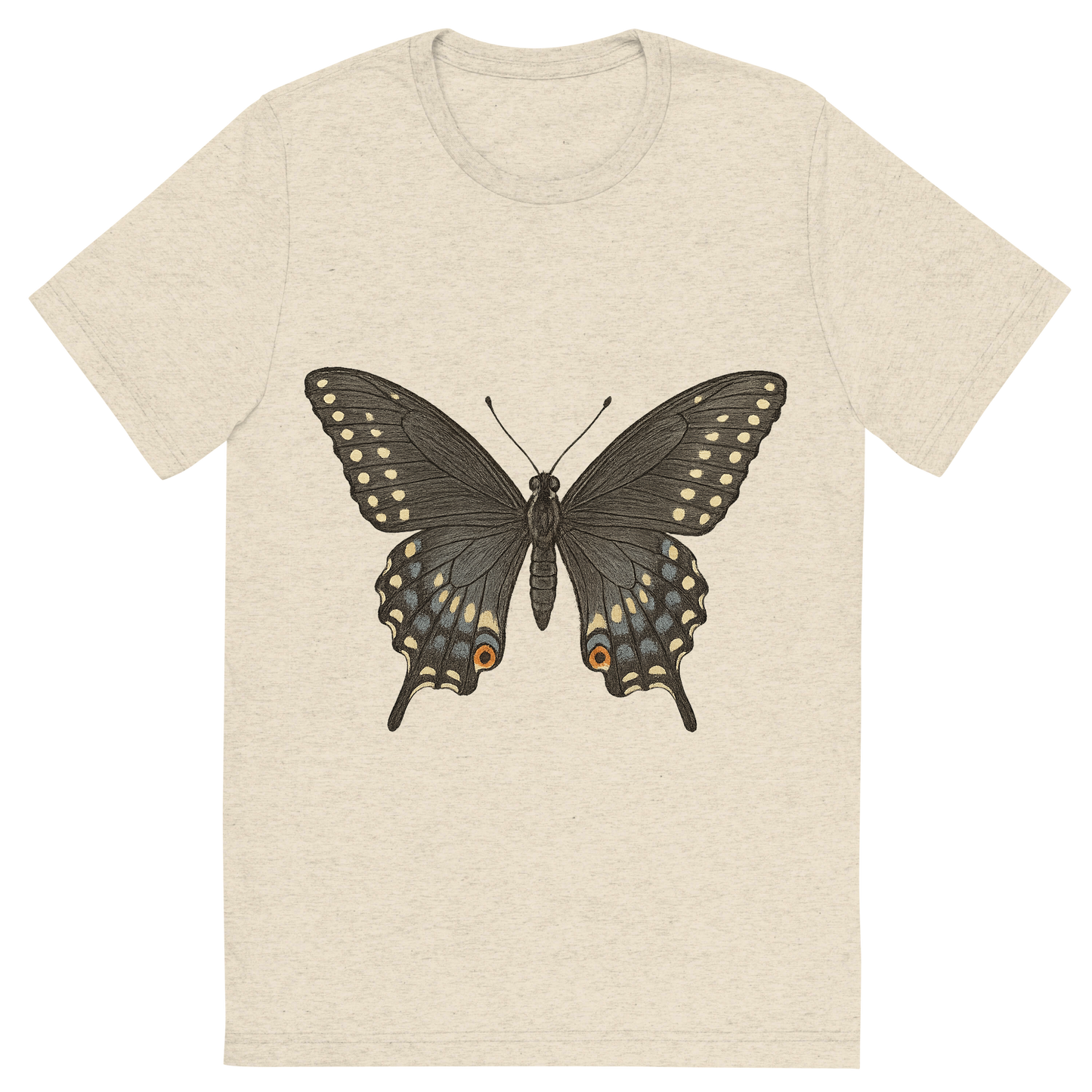 Front view of a Premium Tri-Blend Crew Neck T-Shirt in Oatmeal showing 'A hand-drawn, tranquil graphic of black swallowtail butterfly'