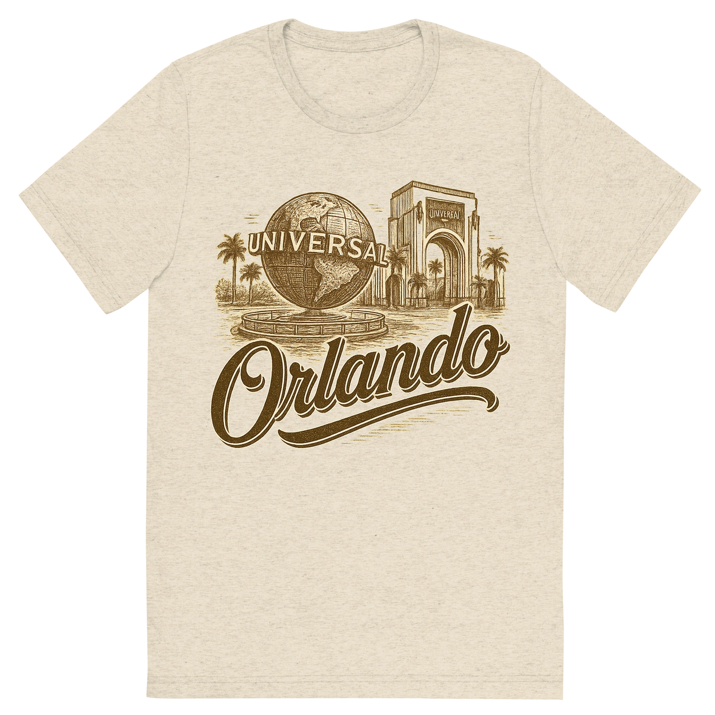 Front view of a Premium Tri-Blend Crew Neck T-Shirt in Oatmeal showing 'A typographic, nostalgic graphic of a typographic illustration of the words 'orlando' with a vintage line art drawing of the universal studios'