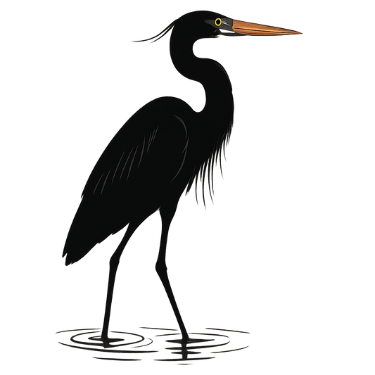 A high-contrast silhouette with minimal accent color, graceful graphic of a tall silhouette of a great blue heron wading in shallow water, with subtle color on the beak and eye, long legs and neck featured, transparent background, optimized for dtg printing - a t-shirt design