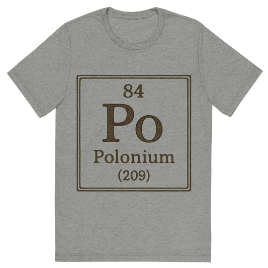 Front view of a Premium Tri-Blend Crew Neck T-Shirt in Athletic Grey showing 'A line art, nostalgic graphic of polonium's entry on the periodic table, use a dark color for the lines and text'