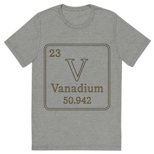Front view of a Premium Tri-Blend Crew Neck T-Shirt in Athletic Grey showing 'A line art, nostalgic graphic of vanadium's entry on the periodic table, use a dark color for the lines and text'