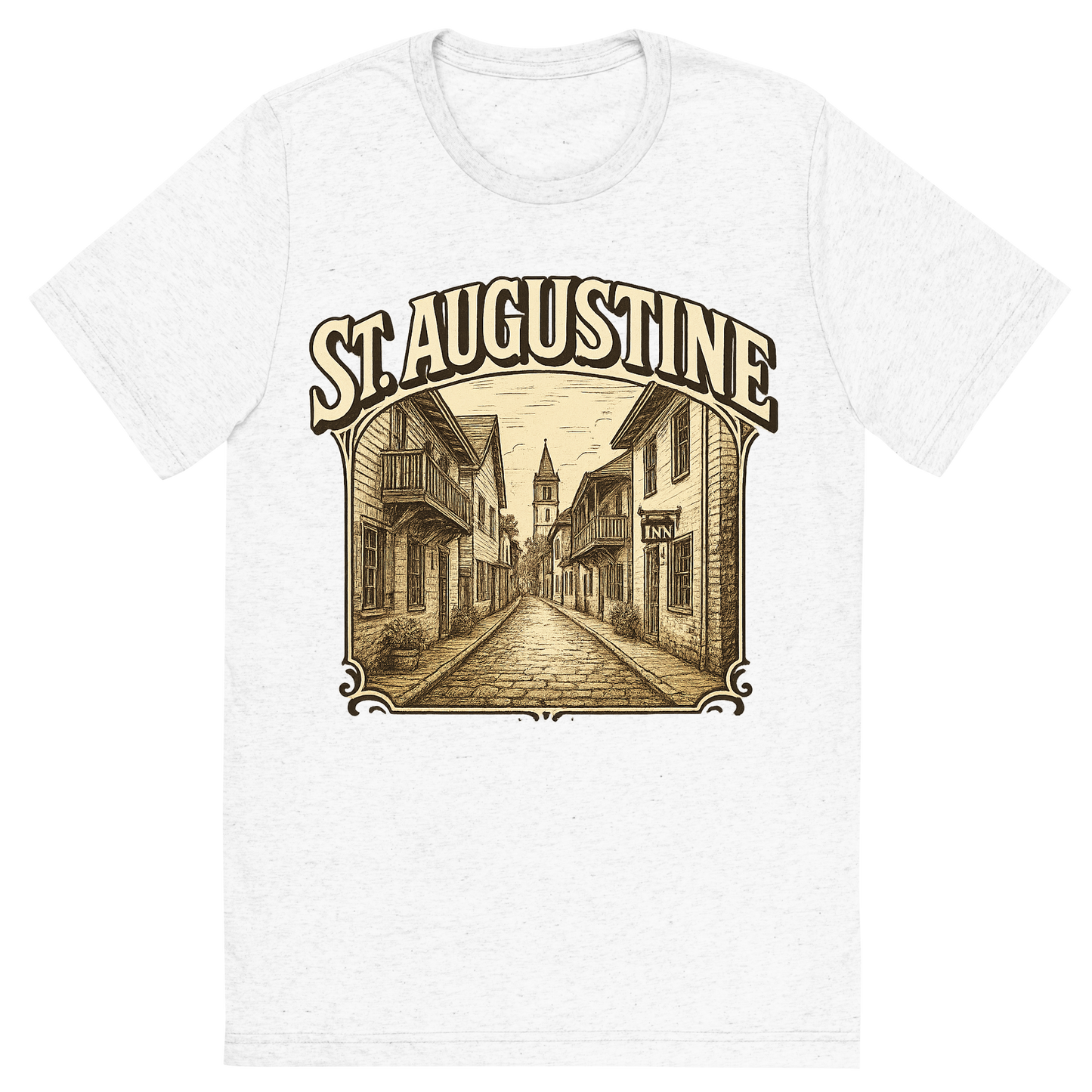 Front view of a Premium Tri-Blend Crew Neck T-Shirt in Solid White showing 'A typographic, nostalgic graphic of a typographic illustration of the words 'st. augustine' with a vintage line art drawing of st. george street'
