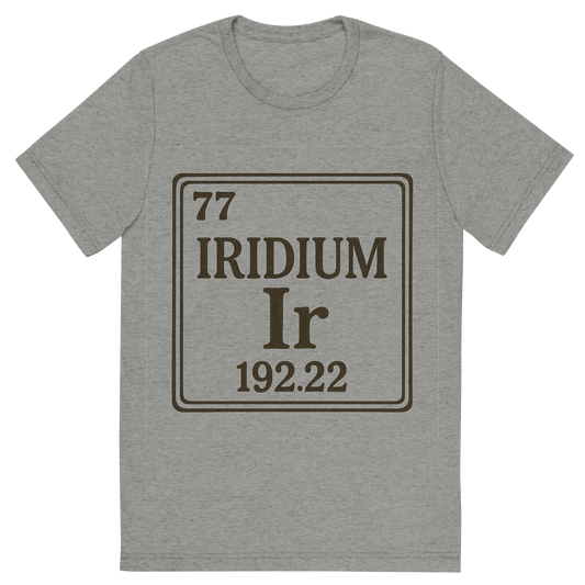 Front view of a Premium Tri-Blend Crew Neck T-Shirt in Athletic Grey showing 'A line art, nostalgic graphic of iridium's entry on the periodic table, use a dark color for the lines and text'
