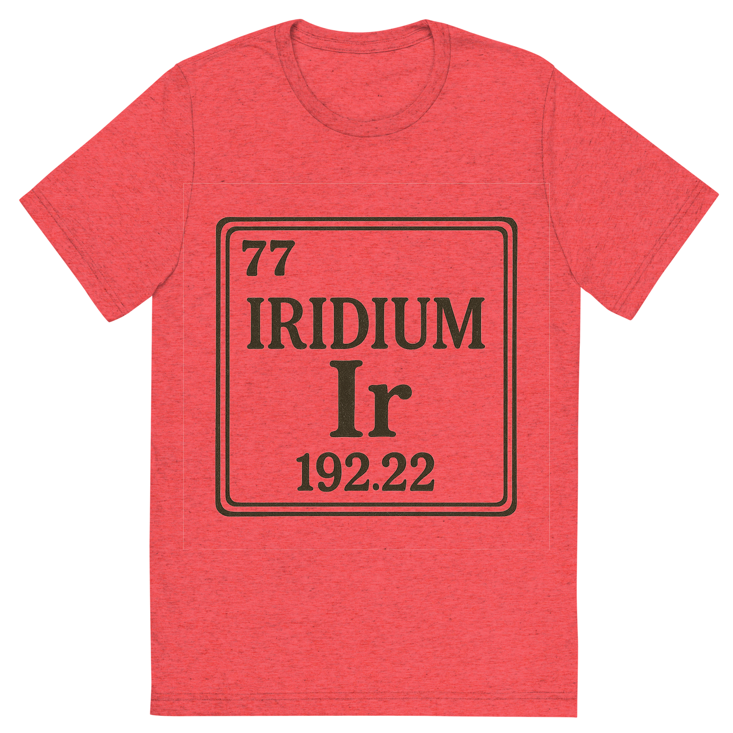 Front view of a Premium Tri-Blend Crew Neck T-Shirt in Red showing 'A line art, nostalgic graphic of iridium's entry on the periodic table, use a dark color for the lines and text'