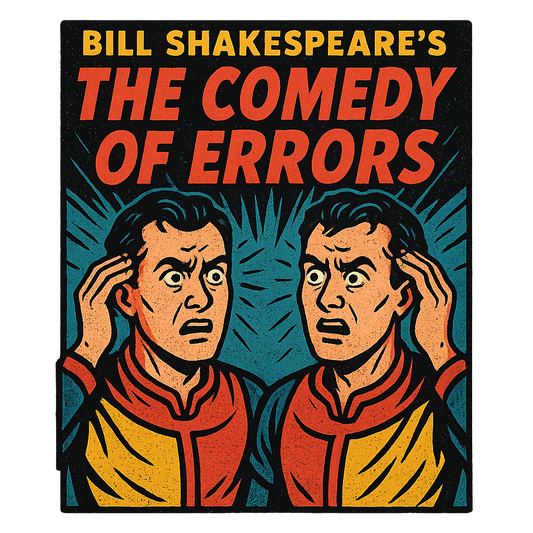 A retro, edgy graphic of a visual representation of a key theme and character from william shakespeare's the comedy of errors – a t-shirt design