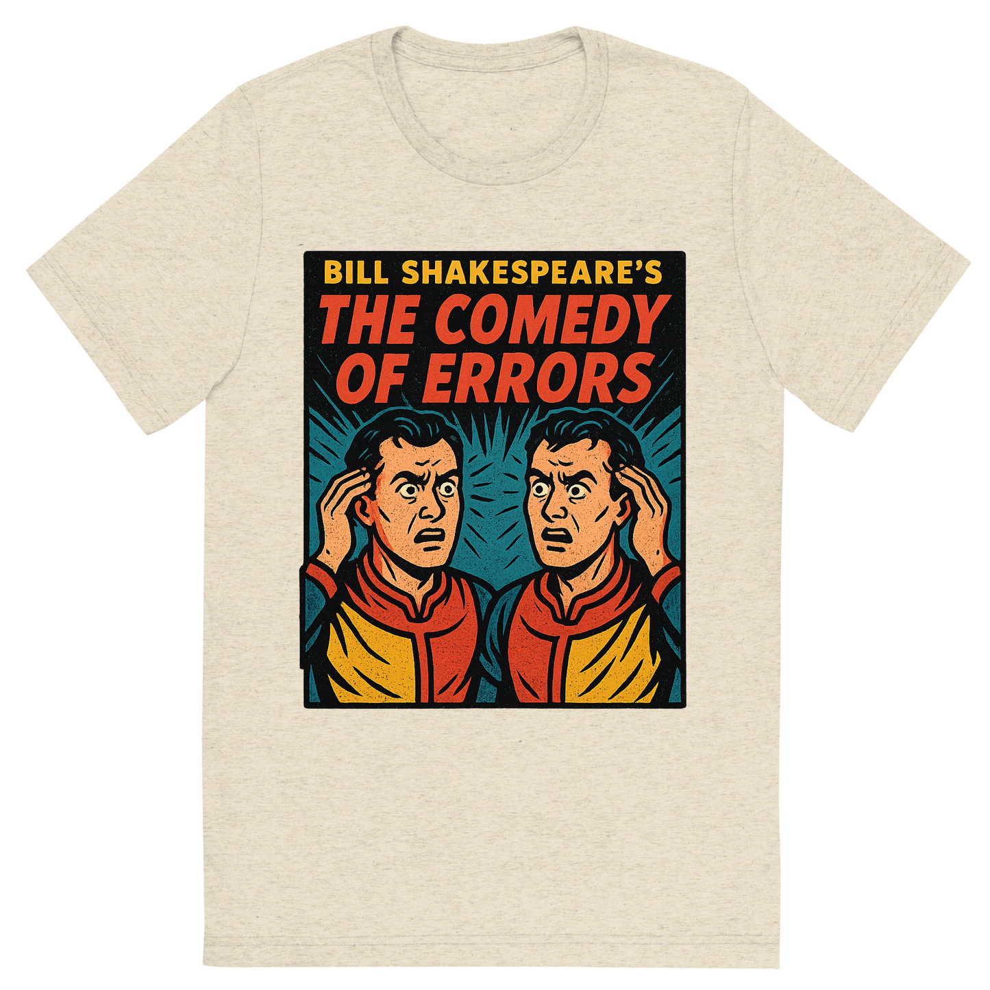 Front view of a Premium Tri-Blend Crew Neck T-Shirt in Oatmeal showing 'A retro, edgy graphic of a visual representation of a key theme and character from william shakespeare's the comedy of errors'