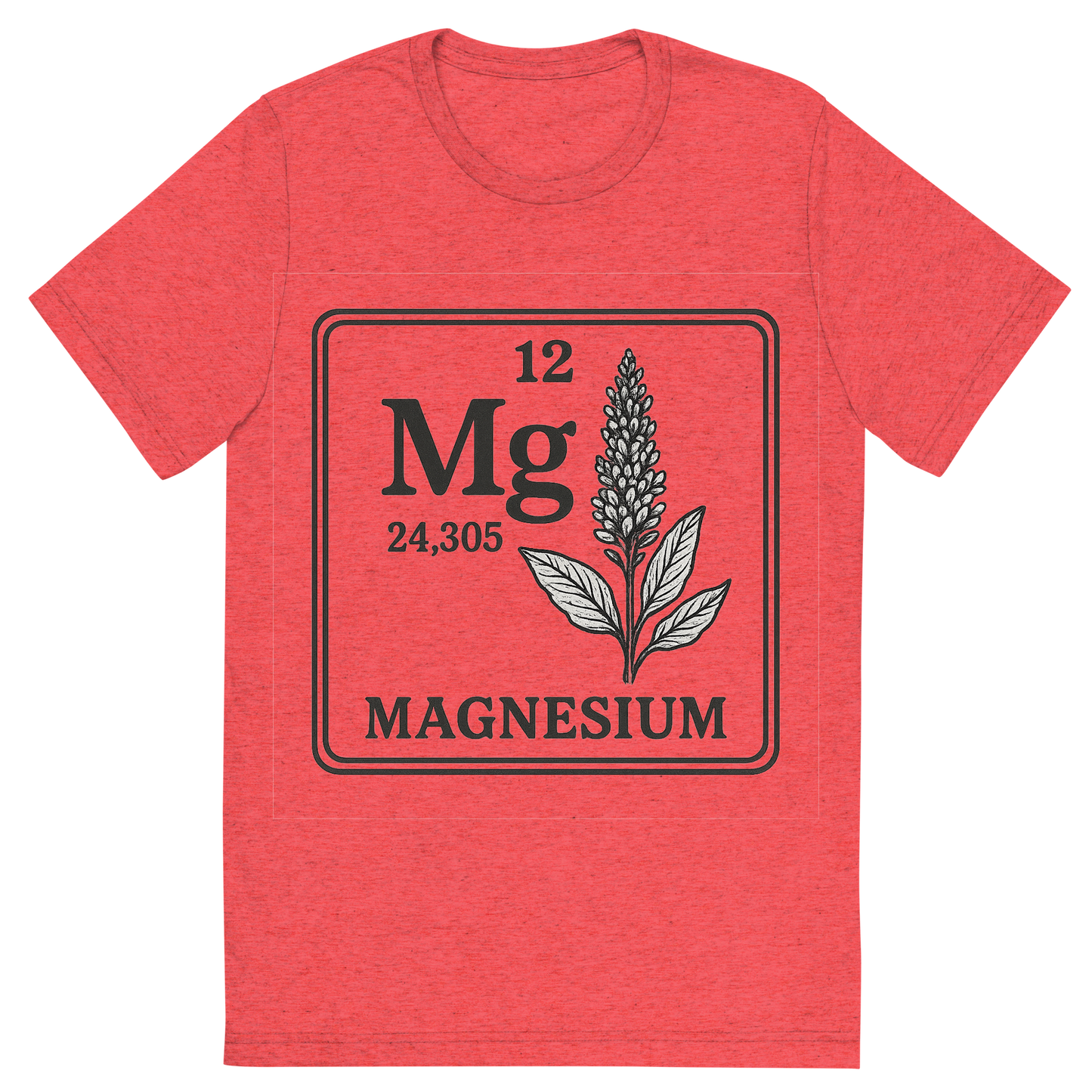 Front view of a Premium Tri-Blend Crew Neck T-Shirt in Red showing 'A line art, nostalgic graphic of magnesium's entry on the periodic table, use a dark color for the lines and text'