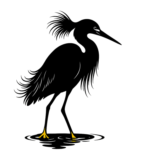 A high-contrast silhouette with minimal accent color, elegant graphic of a high-contrast silhouette of a snowy egret with plume feathers and slender black bill, yellow feet highlighted in color, standing in water, transparent background, optimized for dtg printing - a t-shirt design