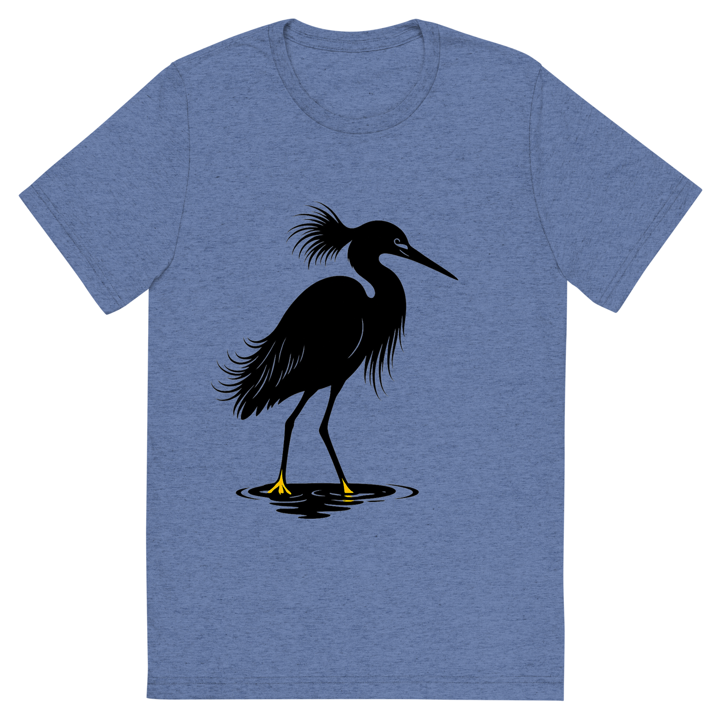 Front view of a Premium Tri-Blend Crew Neck T-Shirt in Blue showing 'A high-contrast silhouette with minimal accent color, elegant graphic of a high-contrast silhouette of a snowy egret with plume feathers and slender black bill, yellow feet highlighted in color, standing in water, transparent background, optimized for dtg printing'