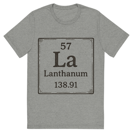Front view of a Premium Tri-Blend Crew Neck T-Shirt in Athletic Grey showing 'A line art, nostalgic graphic of lanthanum's entry on the periodic table, use a dark color for the lines and text'
