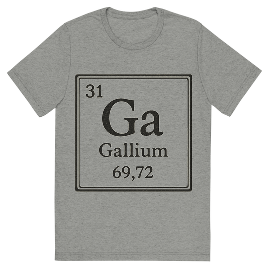 Front view of a Premium Tri-Blend Crew Neck T-Shirt in Athletic Grey showing 'A line art, nostalgic graphic of gallium's entry on the periodic table, use a dark color for the lines and text'
