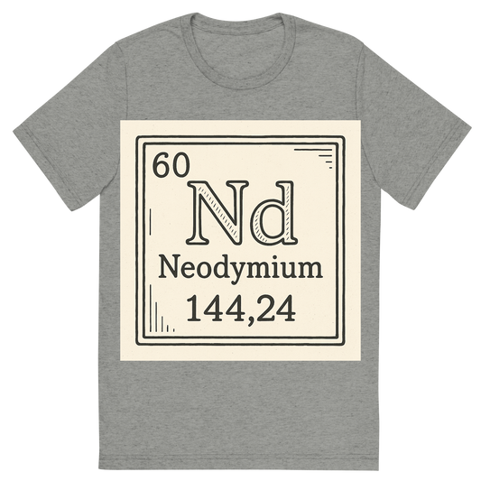 Front view of a Premium Tri-Blend Crew Neck T-Shirt in Athletic Grey showing 'A line art, nostalgic graphic of neodymium's entry on the periodic table, use a dark color for the lines and text'