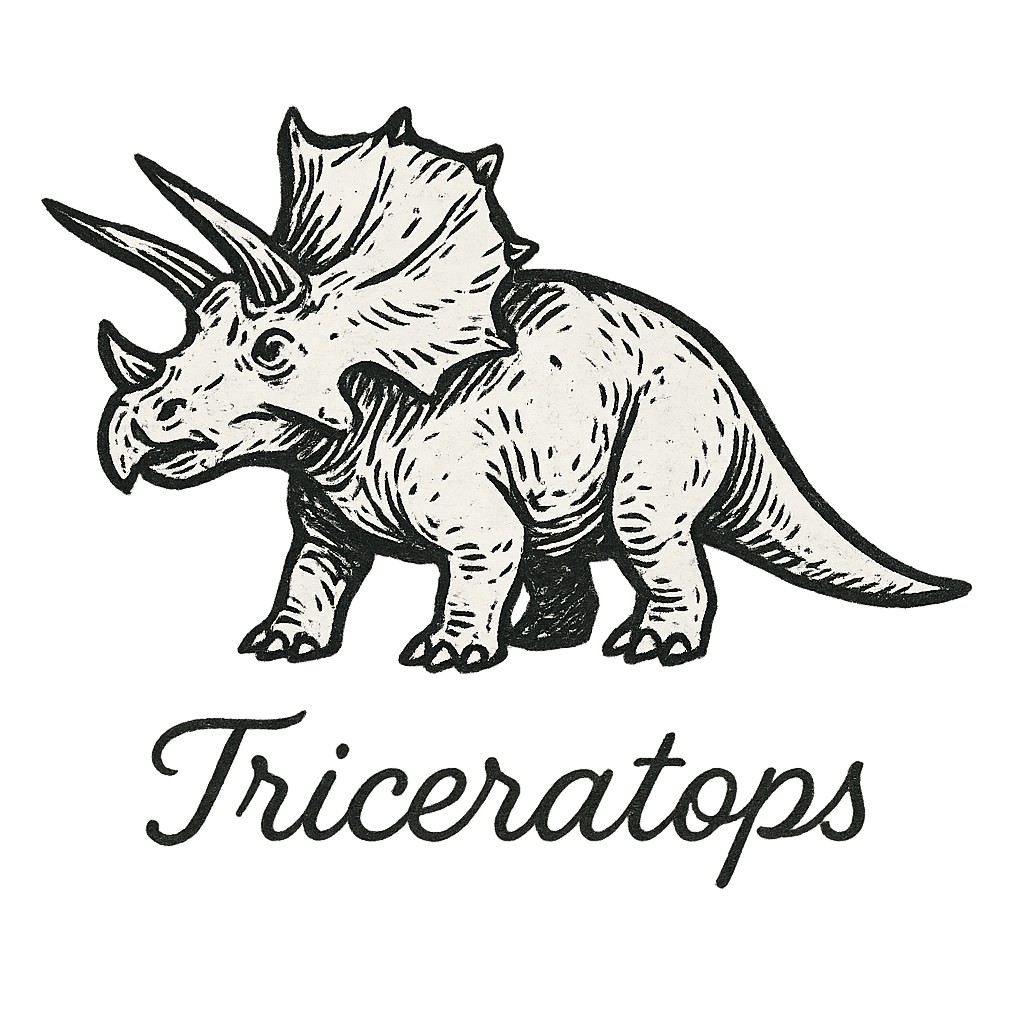 A flat, neutral graphic of a stylized sketch of a triceratops with three horns and a frilled head. “triceratops” appears in graceful cursive below. ink illustration on a white background. - a t-shirt design
