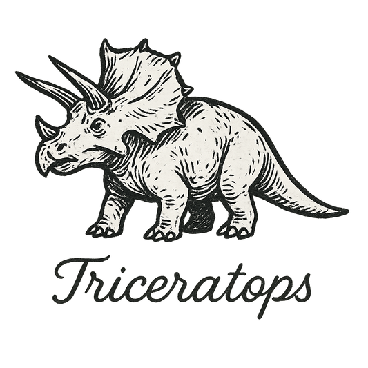 A flat, neutral graphic of a stylized sketch of a triceratops with three horns and a frilled head. “triceratops” appears in graceful cursive below. ink illustration on a white background. - a t-shirt design