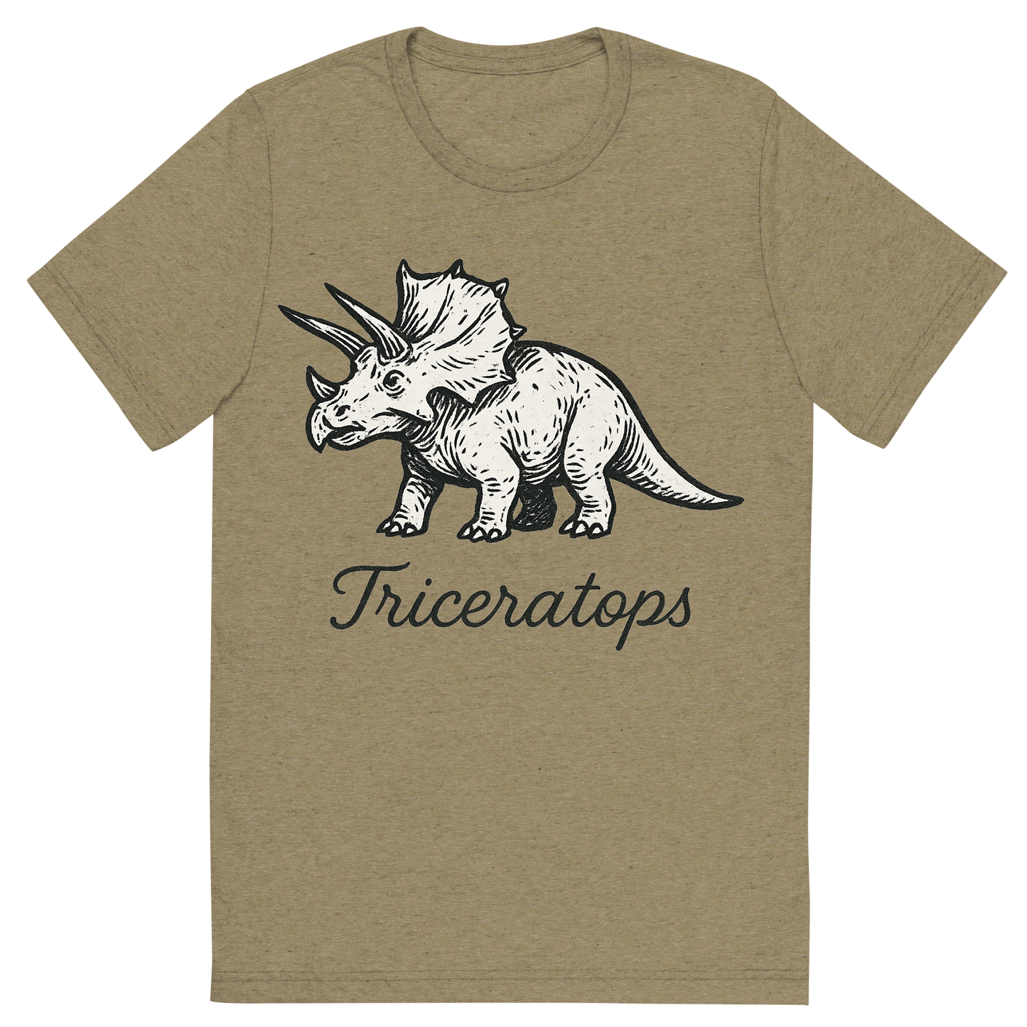 Front view of a Premium Tri-Blend Crew Neck T-Shirt in Olive showing 'A flat, neutral graphic of a stylized sketch of a triceratops with three horns and a frilled head. “triceratops” appears in graceful cursive below. ink illustration on a white background.'