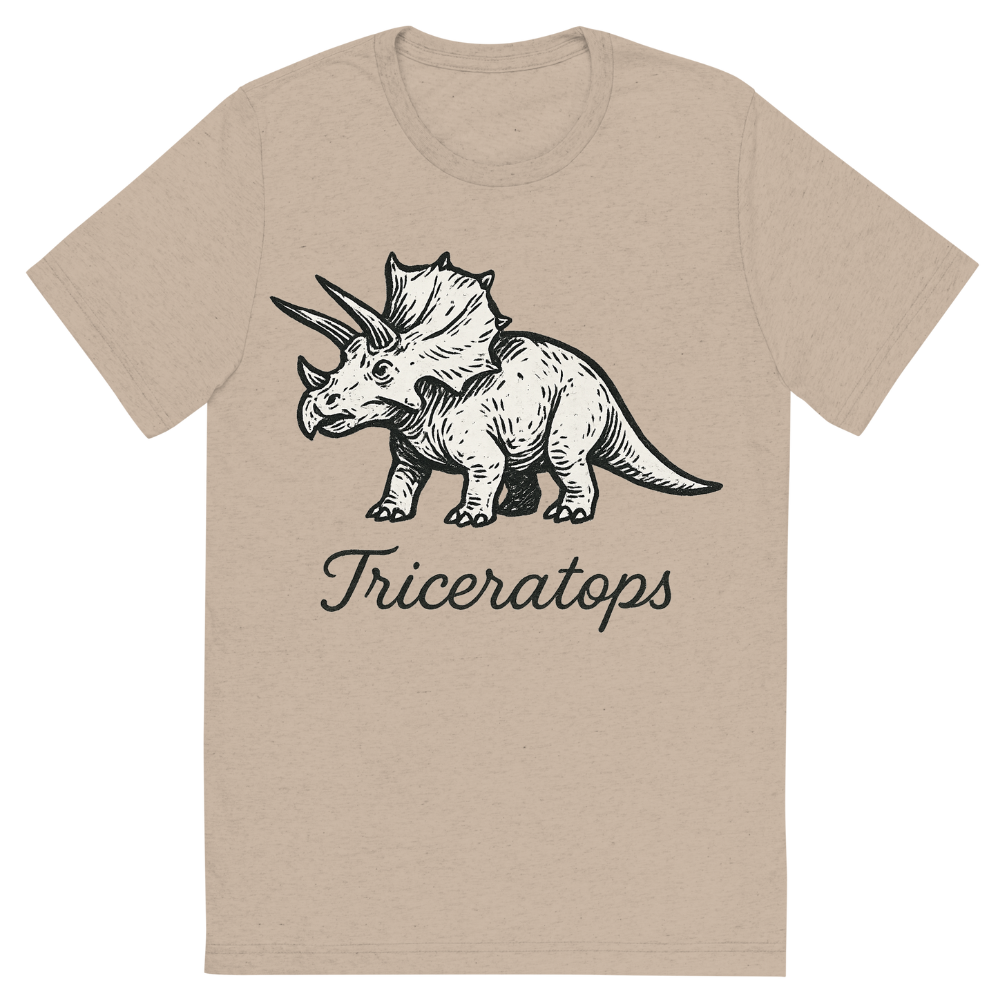 Front view of a Premium Tri-Blend Crew Neck T-Shirt in Tan showing 'A flat, neutral graphic of a stylized sketch of a triceratops with three horns and a frilled head. “triceratops” appears in graceful cursive below. ink illustration on a white background.'