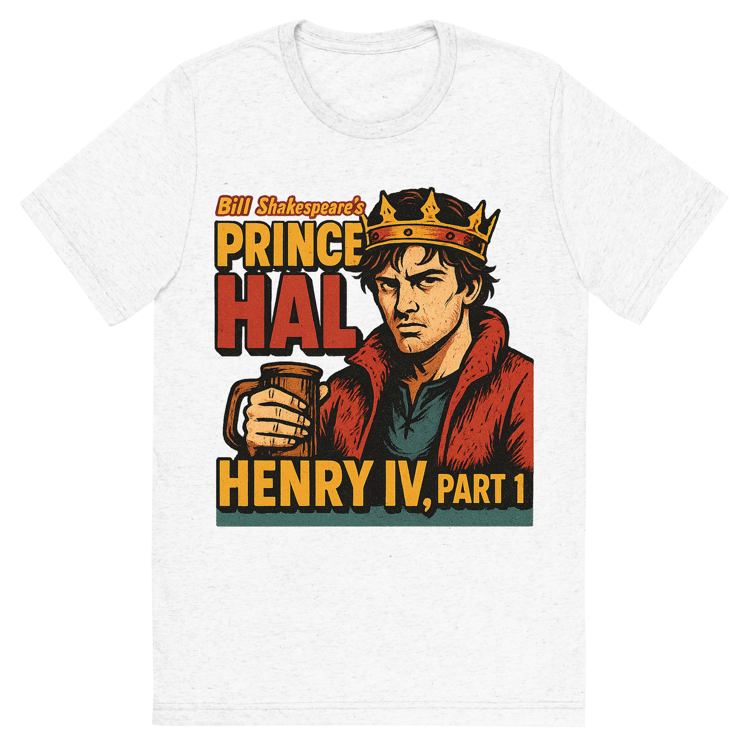 Front view of a Premium Tri-Blend Crew Neck T-Shirt in Solid White showing 'A retro, edgy graphic of a visual representation of a key theme and character from william shakespeare's henry iv, part 1'