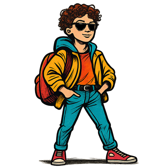 A hand-drawn ink with pop color, confident graphic of a hand-drawn ink and color illustration of a stylish student posing confidently on the first day of school, wearing trendy clothes and a backpack, with the text “first day fit” above in bold graffiti-style letters. centered composition, transparent background, optimized for dtg printing. - a t-shirt design