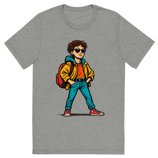 Front view of a Premium Tri-Blend Crew Neck T-Shirt in Athletic Grey showing 'A hand-drawn ink with pop color, confident graphic of a hand-drawn ink and color illustration of a stylish student posing confidently on the first day of school, wearing trendy clothes and a backpack, with the text “first day fit” above in bold graffiti-style letters. centered composition, transparent background, optimized for dtg printing.'