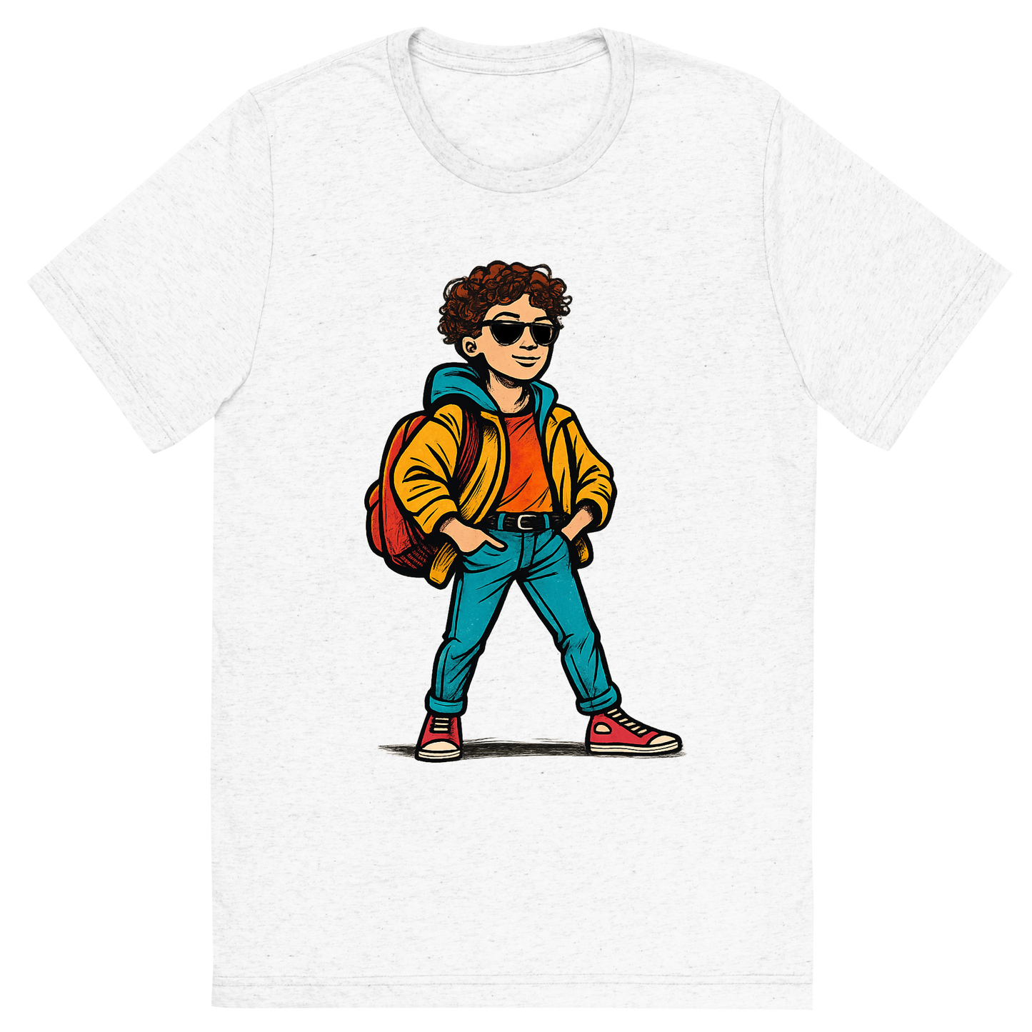 Front view of a Premium Tri-Blend Crew Neck T-Shirt in Solid White showing 'A hand-drawn ink with pop color, confident graphic of a hand-drawn ink and color illustration of a stylish student posing confidently on the first day of school, wearing trendy clothes and a backpack, with the text “first day fit” above in bold graffiti-style letters. centered composition, transparent background, optimized for dtg printing.'
