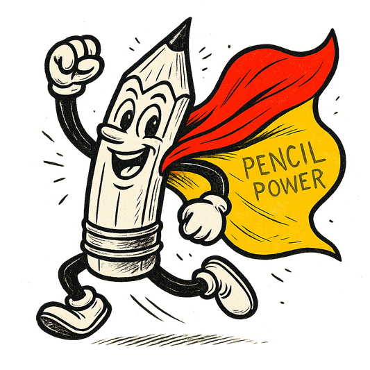 A hand-drawn ink with pop color, energetic graphic of a heroic cartoon pencil character in dynamic pose with a cape, ink-drawn and highlighted with bright yellow and red colors. the words “pencil power” are etched into the cape. centered composition, transparent background, optimized for dtg printing. - a t-shirt design