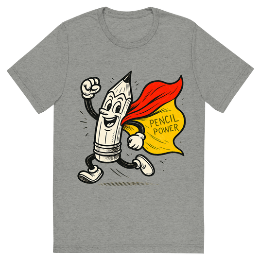 Front view of a Premium Tri-Blend Crew Neck T-Shirt in Athletic Grey showing 'A hand-drawn ink with pop color, energetic graphic of a heroic cartoon pencil character in dynamic pose with a cape, ink-drawn and highlighted with bright yellow and red colors. the words “pencil power” are etched into the cape. centered composition, transparent background, optimized for dtg printing.'