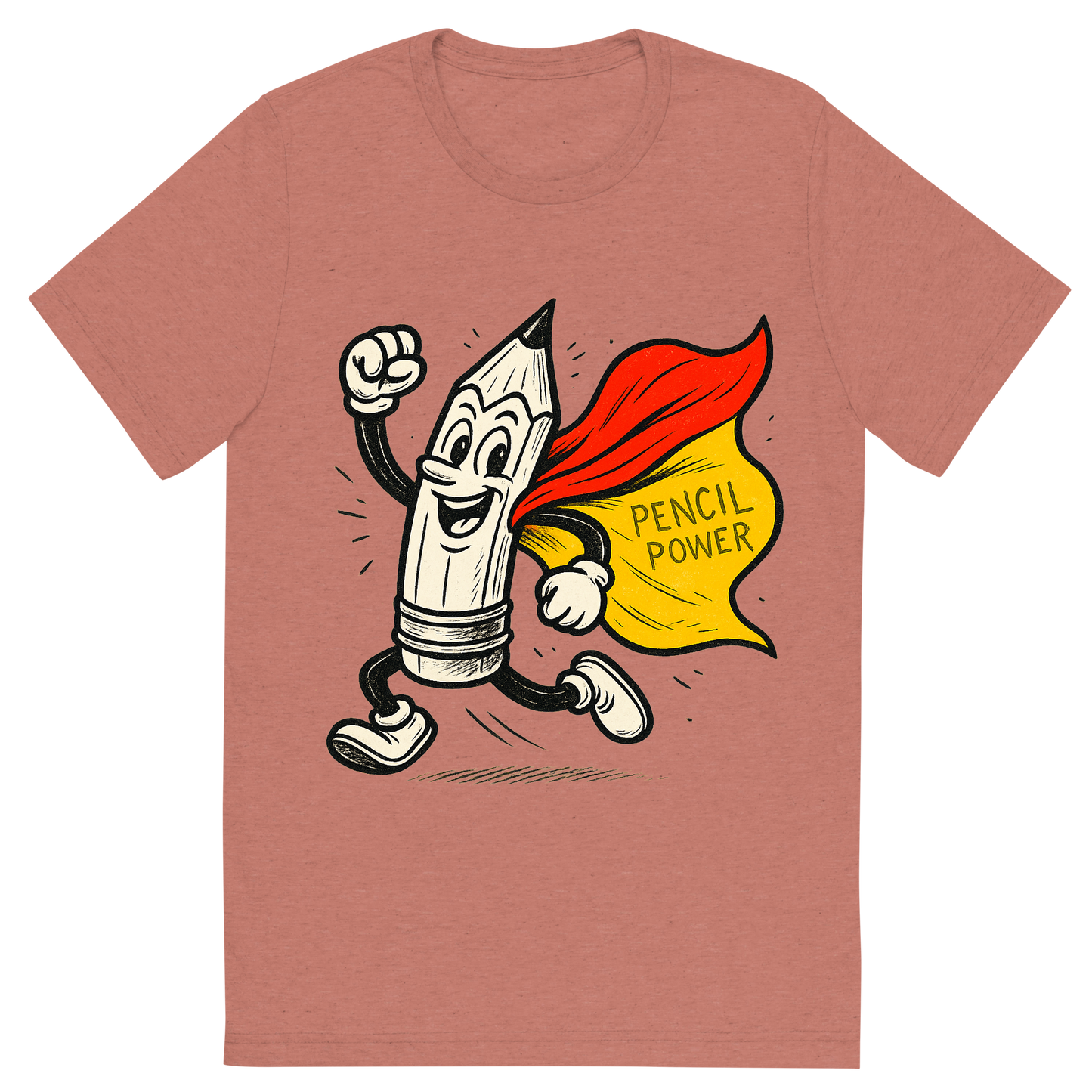 Front view of a Premium Tri-Blend Crew Neck T-Shirt in Mauve showing 'A hand-drawn ink with pop color, energetic graphic of a heroic cartoon pencil character in dynamic pose with a cape, ink-drawn and highlighted with bright yellow and red colors. the words “pencil power” are etched into the cape. centered composition, transparent background, optimized for dtg printing.'