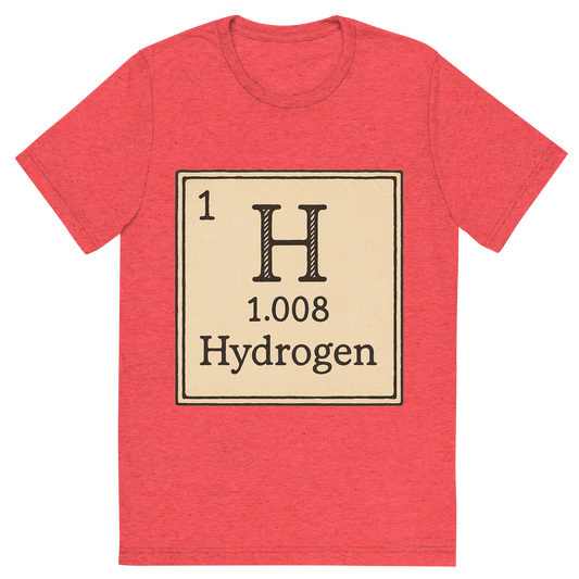 Front view of a Premium Tri-Blend Crew Neck T-Shirt in Red showing 'A line art, nostalgic graphic of hydrogen's entry on the periodic table, use a dark color for the lines and text'