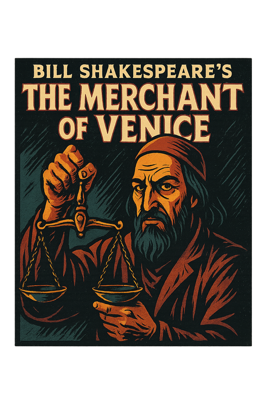 A retro, edgy graphic of a visual representation of a key theme and character from william shakespeare's the merchant of venice – a t-shirt design