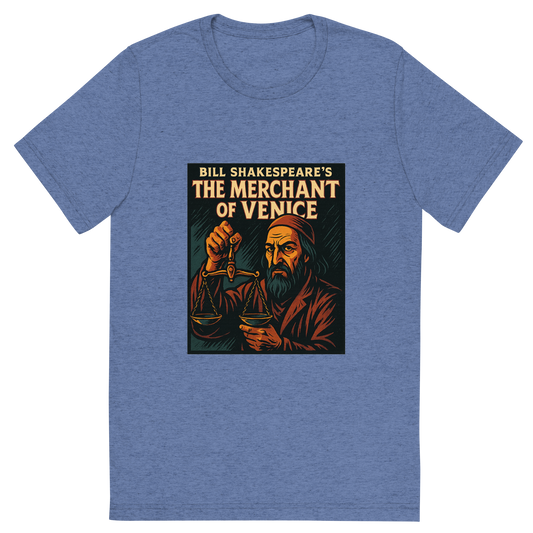 Front view of a Premium Tri-Blend Crew Neck T-Shirt in Blue showing 'A retro, edgy graphic of a visual representation of a key theme and character from william shakespeare's the merchant of venice'