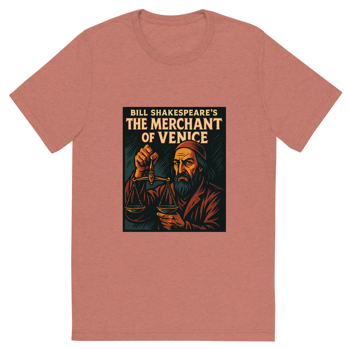 Front view of a Premium Tri-Blend Crew Neck T-Shirt in Mauve showing 'A retro, edgy graphic of a visual representation of a key theme and character from william shakespeare's the merchant of venice'