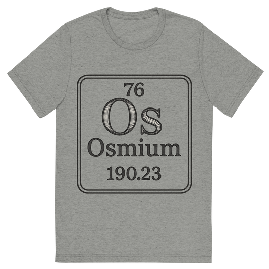 Front view of a Premium Tri-Blend Crew Neck T-Shirt in Athletic Grey showing 'A line art, nostalgic graphic of osmium's entry on the periodic table, use a dark color for the lines and text'