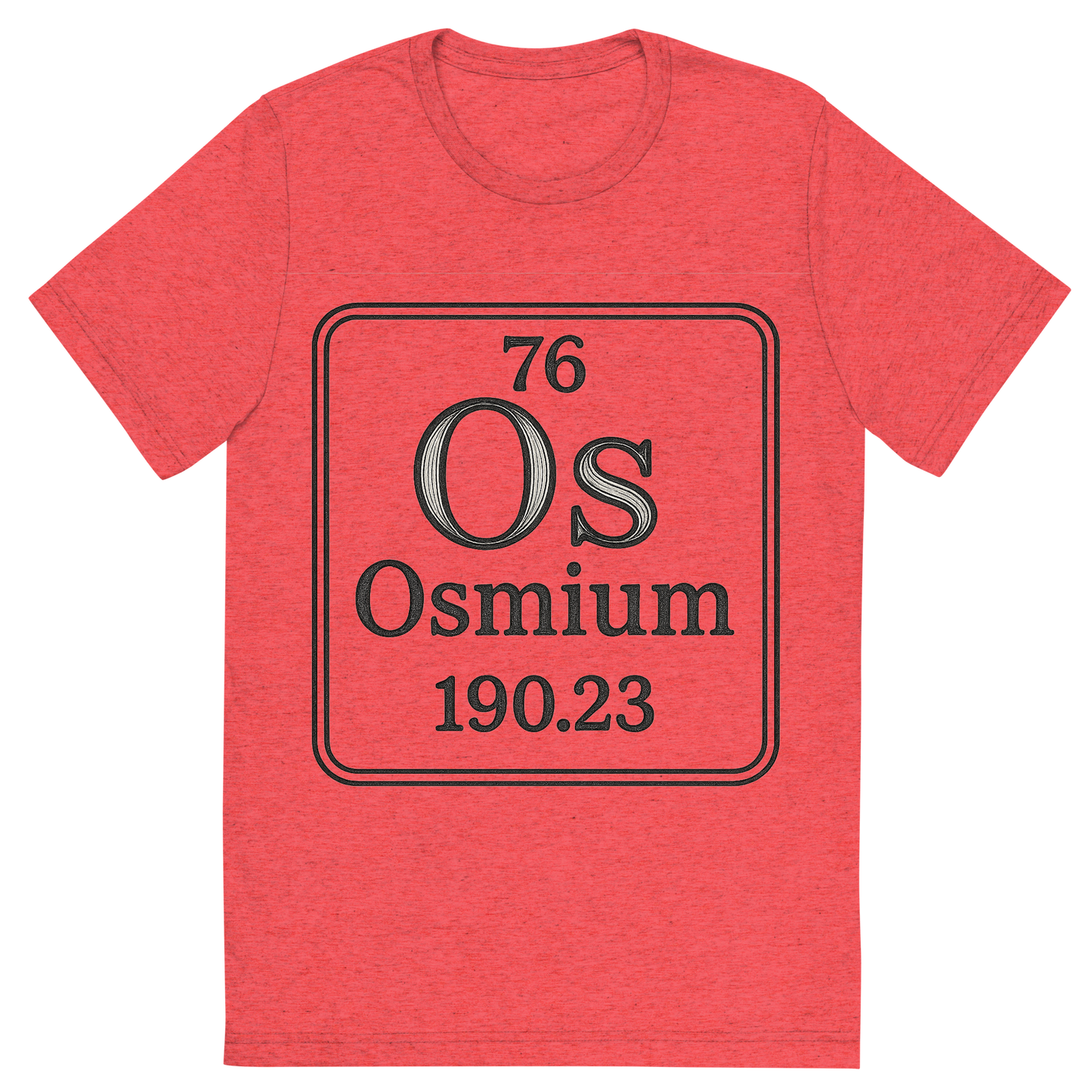 Front view of a Premium Tri-Blend Crew Neck T-Shirt in Red showing 'A line art, nostalgic graphic of osmium's entry on the periodic table, use a dark color for the lines and text'