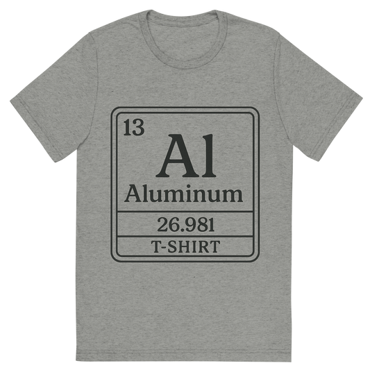 Front view of a Premium Tri-Blend Crew Neck T-Shirt in Athletic Grey showing 'A line art, nostalgic graphic of aluminum's entry on the periodic table, use a dark color for the lines and text'