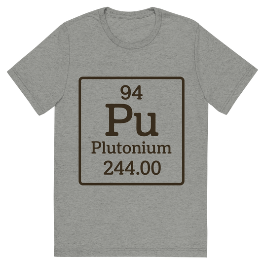 Front view of a Premium Tri-Blend Crew Neck T-Shirt in Athletic Grey showing 'A line art, nostalgic graphic of plutonium's entry on the periodic table, use a dark color for the lines and text'