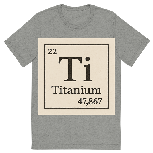 Front view of a Premium Tri-Blend Crew Neck T-Shirt in Athletic Grey showing 'A line art, nostalgic graphic of titanium's entry on the periodic table, use a dark color for the lines and text'