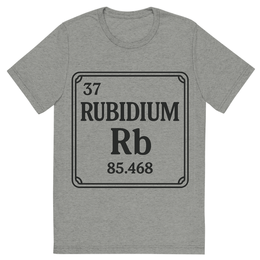 Front view of a Premium Tri-Blend Crew Neck T-Shirt in Athletic Grey showing 'A line art, nostalgic graphic of rubidium's entry on the periodic table, use a dark color for the lines and text'