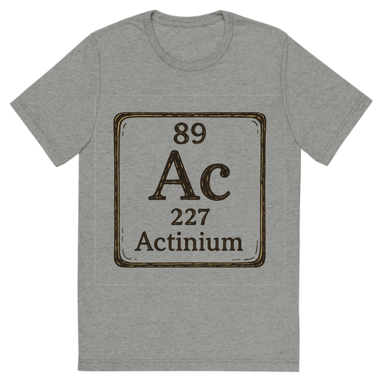 Front view of a Premium Tri-Blend Crew Neck T-Shirt in Athletic Grey showing 'A line art, nostalgic graphic of actinium's entry on the periodic table, use a dark color for the lines and text'
