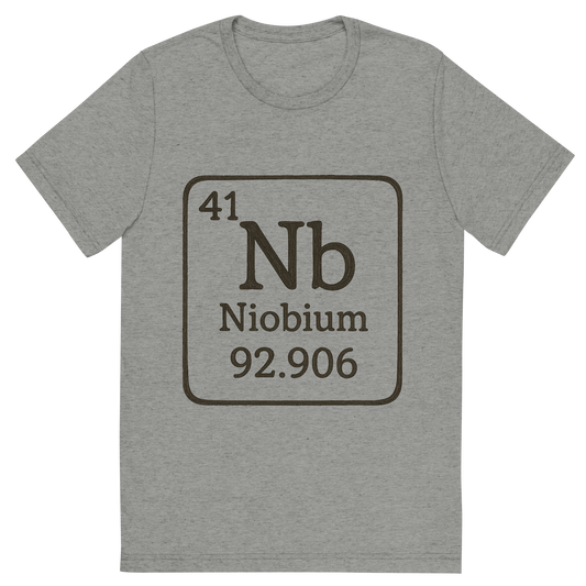 Front view of a Premium Tri-Blend Crew Neck T-Shirt in Athletic Grey showing 'A line art, nostalgic graphic of niobium's entry on the periodic table, use a dark color for the lines and text'