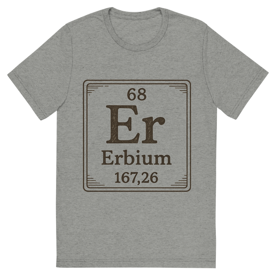 Front view of a Premium Tri-Blend Crew Neck T-Shirt in Athletic Grey showing 'A line art, nostalgic graphic of erbium's entry on the periodic table, use a dark color for the lines and text'