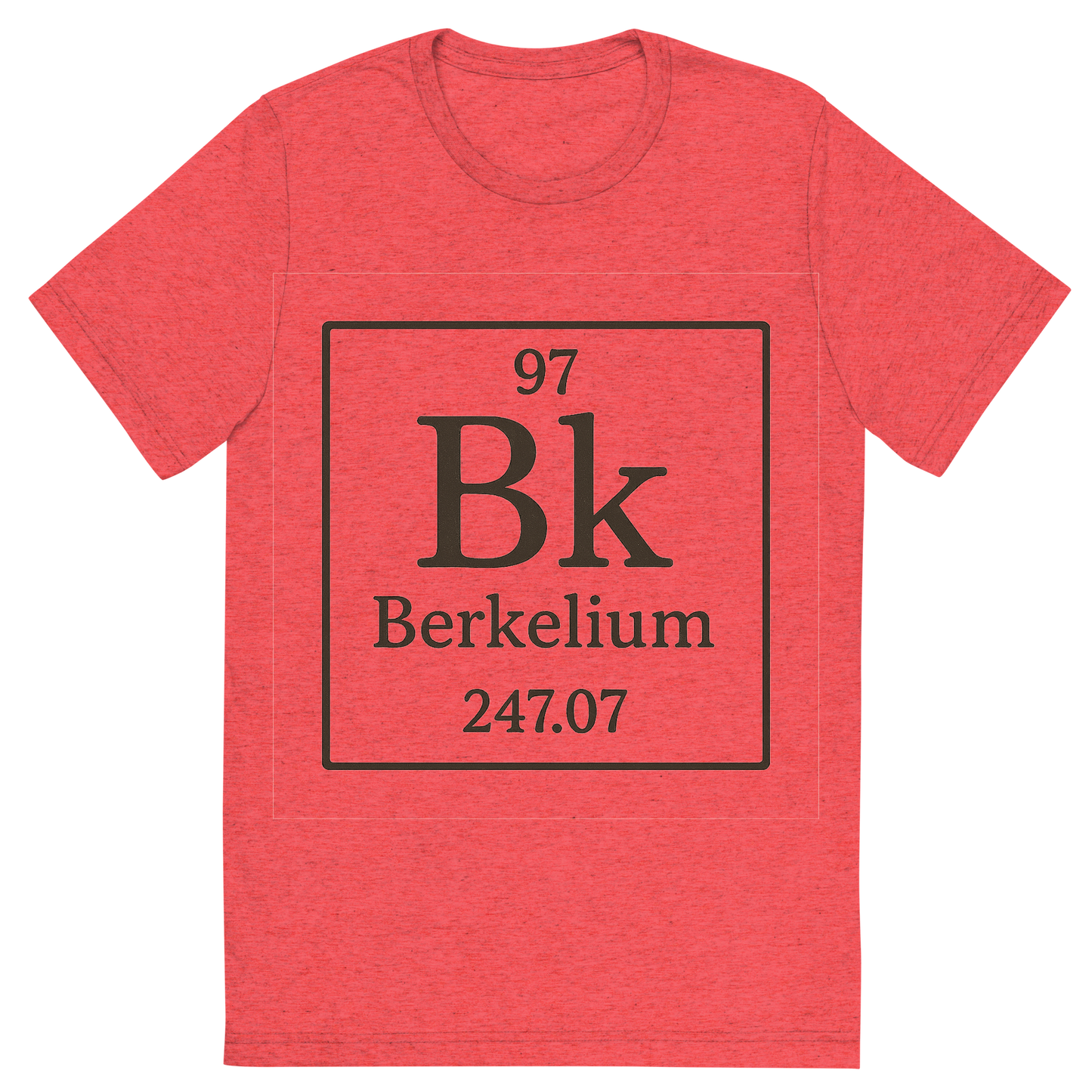 Front view of a Premium Tri-Blend Crew Neck T-Shirt in Red showing 'A line art, nostalgic graphic of berkelium's entry on the periodic table, use a dark color for the lines and text'