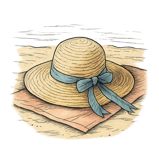 A hand-drawn ink with pops of color, relaxed graphic of a classic woven straw sun hat with a ribbon, lying on a towel at the beach, hand-drawn ink with pops of color, centered composition, transparent background, optimized for dtg printing - a t-shirt design
